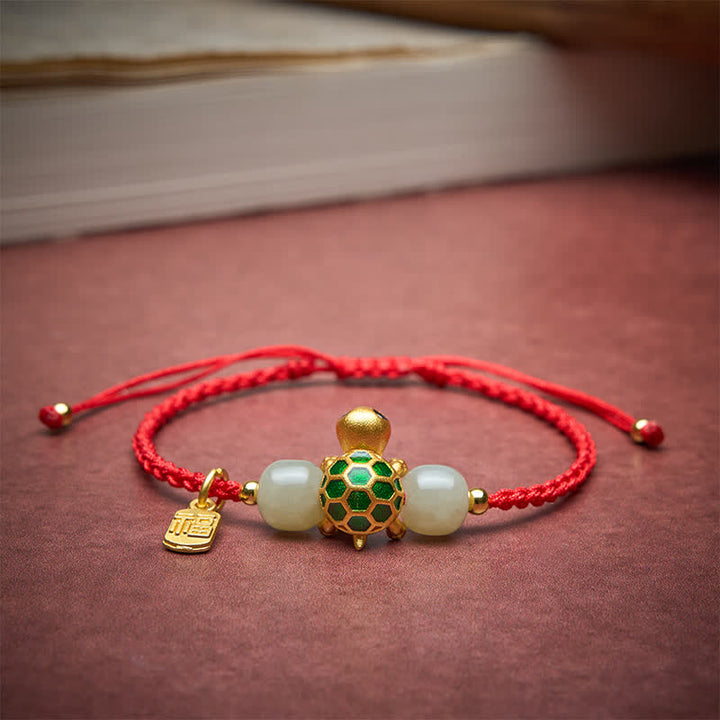 Buddha Stones Pulsera de la prosperidad con diseño de tortuga de cobre y carácter Fu, de jade rojo Hetian. - image 3