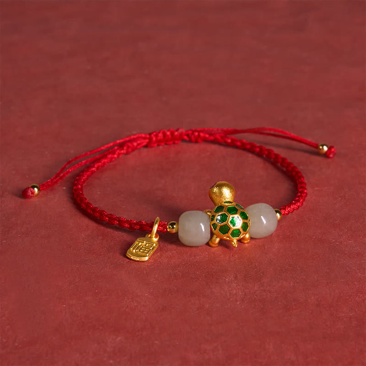 Buddha Stones Pulsera de la prosperidad con diseño de tortuga de cobre y carácter Fu, de jade rojo Hetian. - image 4