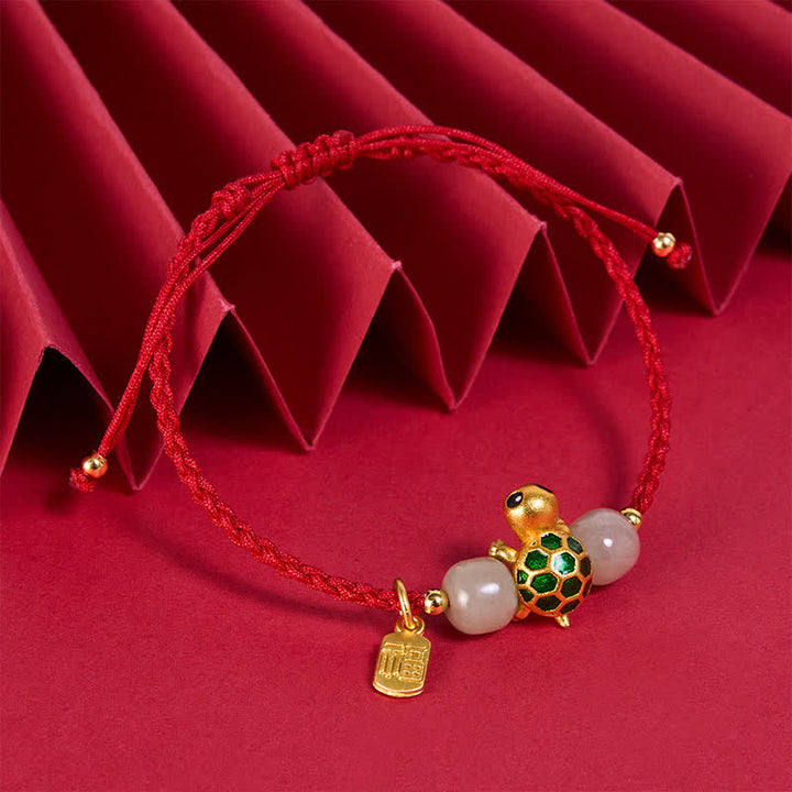 Buddha Stones Pulsera de la prosperidad con diseño de tortuga de cobre y carácter Fu, de jade rojo Hetian. - image 2