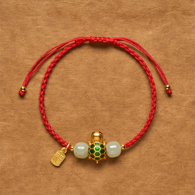 Buddha Stones Pulsera de la prosperidad con diseño de tortuga de cobre y carácter Fu, de jade rojo Hetian. - Pulsera de hilo rojo con forma de tortuga - 5,5–7,1 pulgadas/14–18 cm - image 0