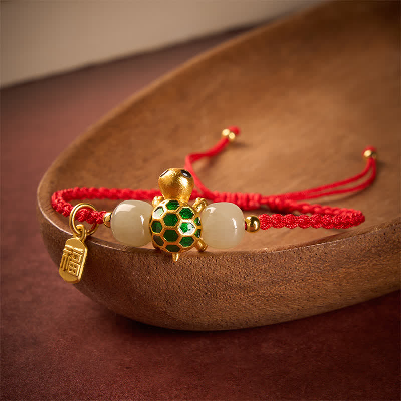 Buddha Stones Pulsera de la prosperidad con diseño de tortuga de cobre y carácter Fu, de jade rojo Hetian. - image 1