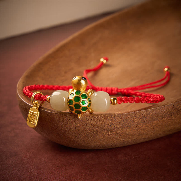 Buddha Stones Pulsera de la prosperidad con diseño de tortuga de cobre y carácter Fu, de jade rojo Hetian. - image 1
