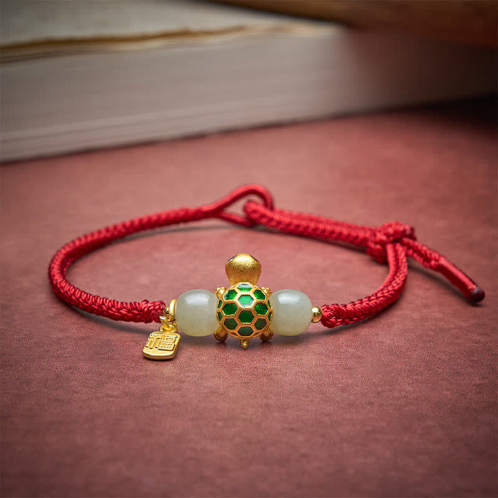 Buddha Stones Pulsera de la suerte de jade rojo Hetian con forma de tortuga de cobre y carácter Fu. - image 3