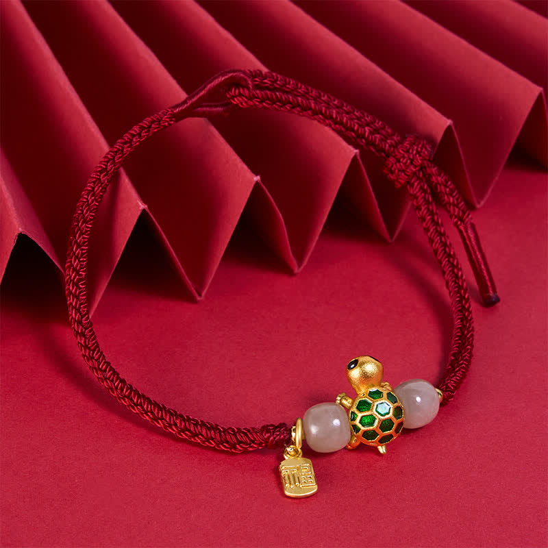 Buddha Stones Pulsera de la suerte de jade rojo Hetian con forma de tortuga de cobre y carácter Fu. - image 2