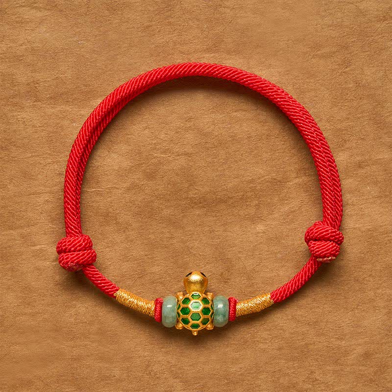 Buddha Stones Pulsera de hilo rojo con diseño de tortuga de cobre y jade, personaje Fu, para la suerte. - Pulsera de tortuga - 6,3–7,1 pulgadas (16-18 cm) - image 0