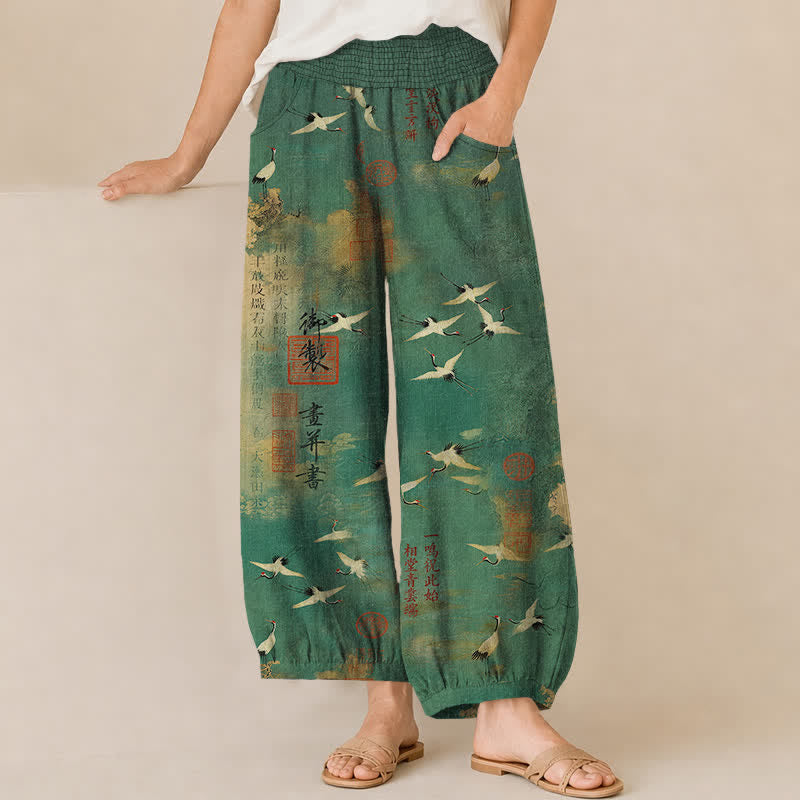 Buddha Stones Pantalones harem de algodón con estampado de caligrafía de grulla oriental, cintura elástica plisada y bolsillos para mujer. - Verdemar - US16，UK/AU20，EU48 (3XL) - image 0