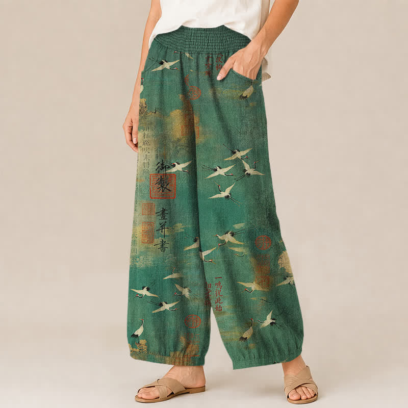 Buddha Stones Pantalones harem de algodón con estampado de caligrafía de grulla oriental, cintura elástica plisada y bolsillos para mujer. - image 1