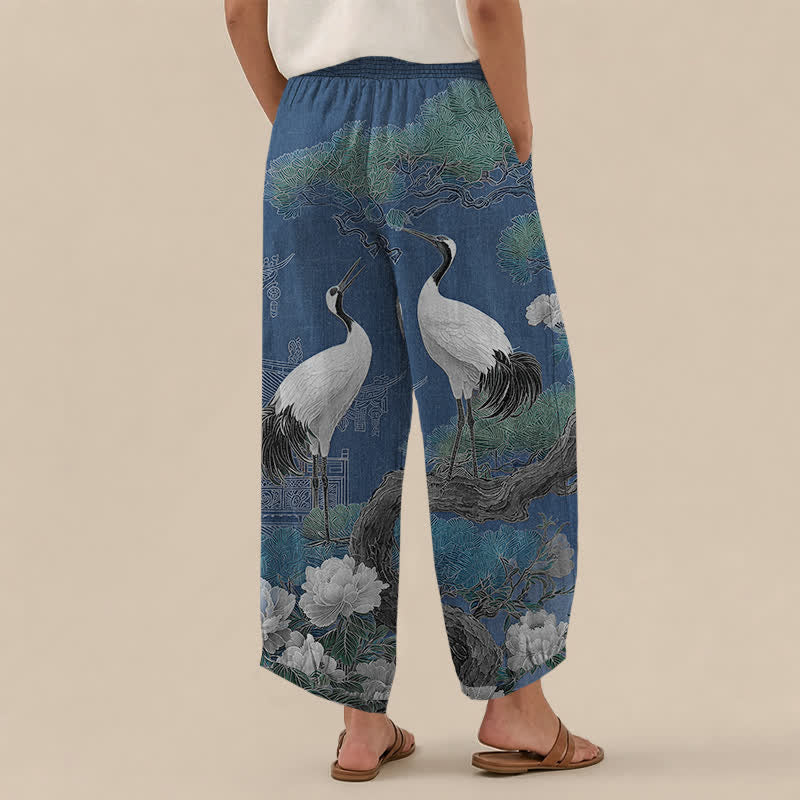Buddha Stones Pantalones harem de algodón con estampado de grulla oriental y flores blancas, cintura elástica plisada y bolsillos para mujer. - image 2