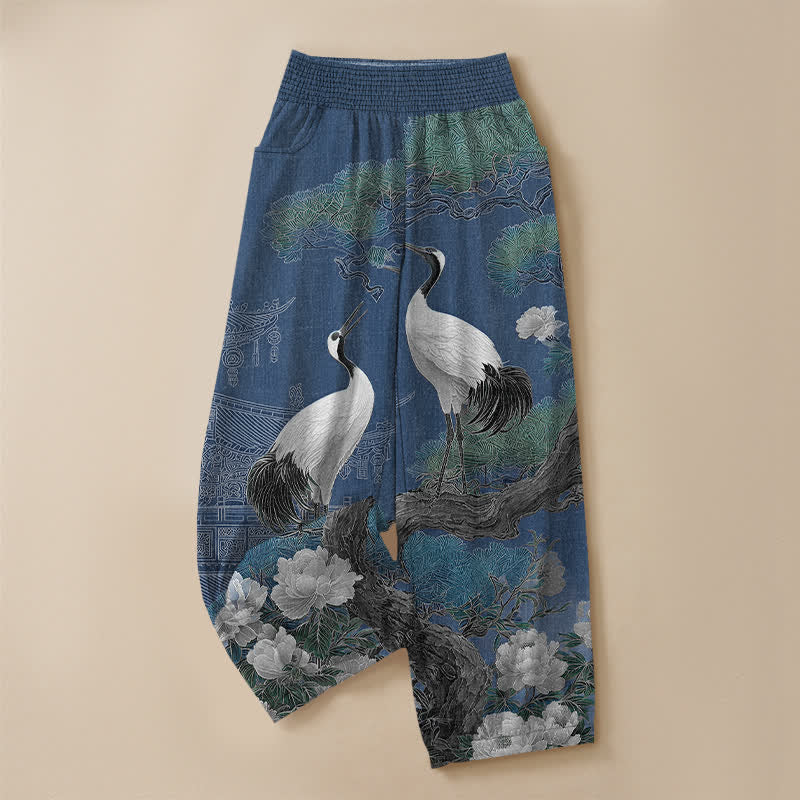 Buddha Stones Pantalones harem de algodón con estampado de grulla oriental y flores blancas, cintura elástica plisada y bolsillos para mujer. - image 3