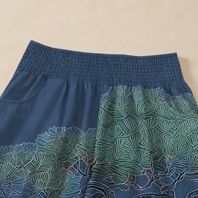 Buddha Stones Pantalones harem de algodón con estampado de grulla oriental y flores blancas, cintura elástica plisada y bolsillos para mujer. - image 4