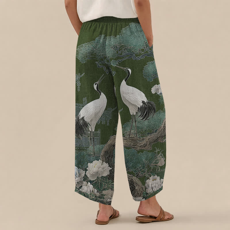 Buddha Stones Pantalones harem de algodón con estampado de grulla oriental y flores blancas, cintura elástica plisada y bolsillos para mujer. - image 8
