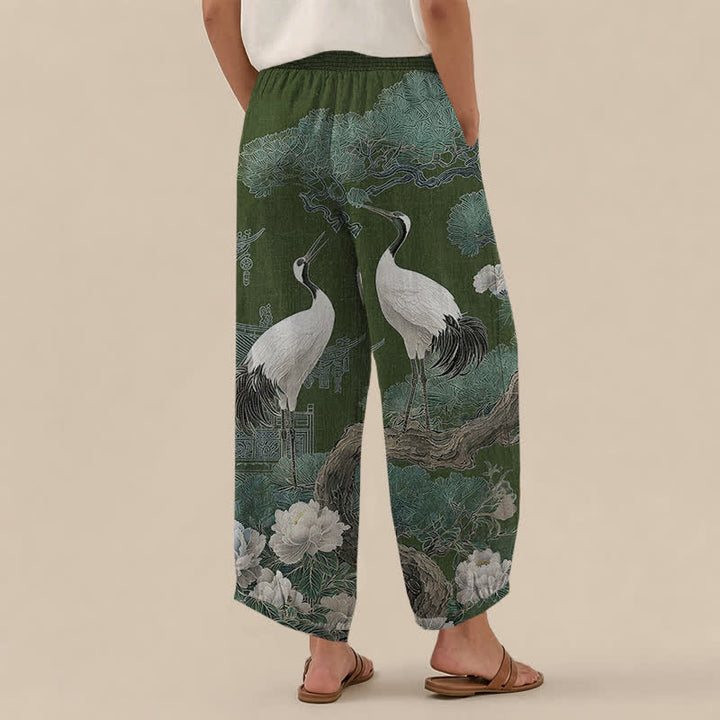 Buddha Stones Pantalones harem de algodón con estampado de grulla oriental y flores blancas, cintura elástica plisada y bolsillos para mujer. - image 8