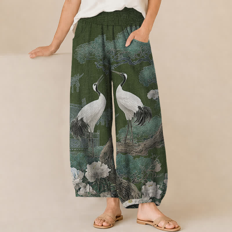 Buddha Stones Pantalones harem de algodón con estampado de grulla oriental y flores blancas, cintura elástica plisada y bolsillos para mujer. - Verde oscuro - US16，UK/AU20，EU48 (3XL) - image 6