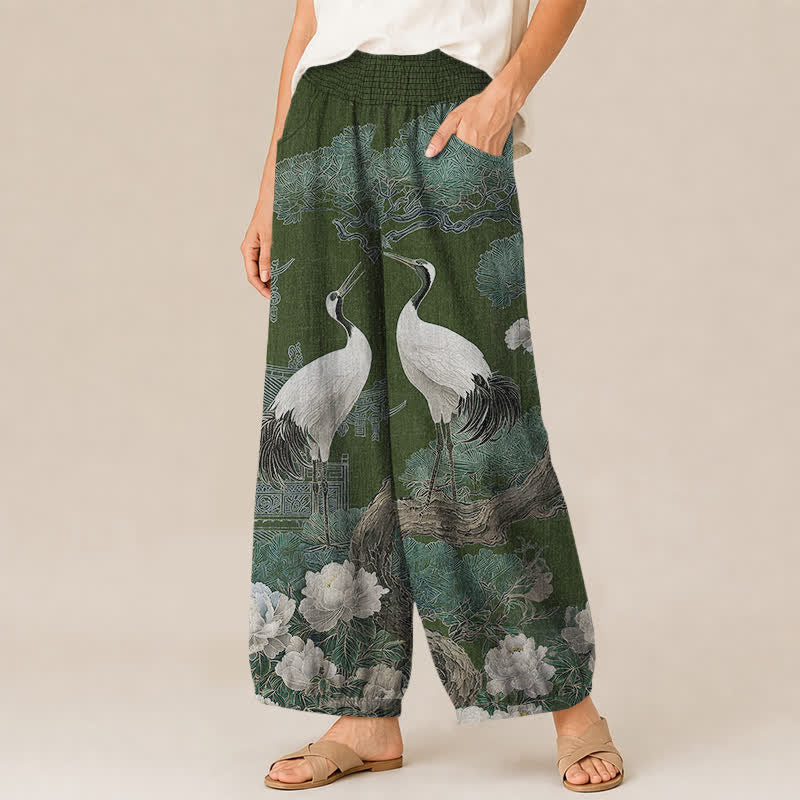 Buddha Stones Pantalones harem de algodón con estampado de grulla oriental y flores blancas, cintura elástica plisada y bolsillos para mujer. - image 7
