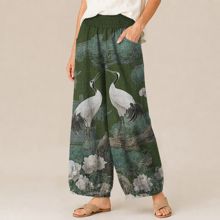 Buddha Stones Pantalones harem de algodón con estampado de grulla oriental y flores blancas, cintura elástica plisada y bolsillos para mujer. - image 7