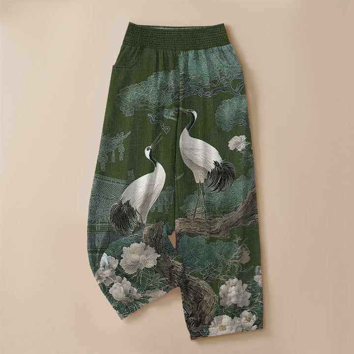 Buddha Stones Pantalones harem de algodón con estampado de grulla oriental y flores blancas, cintura elástica plisada y bolsillos para mujer. - image 9