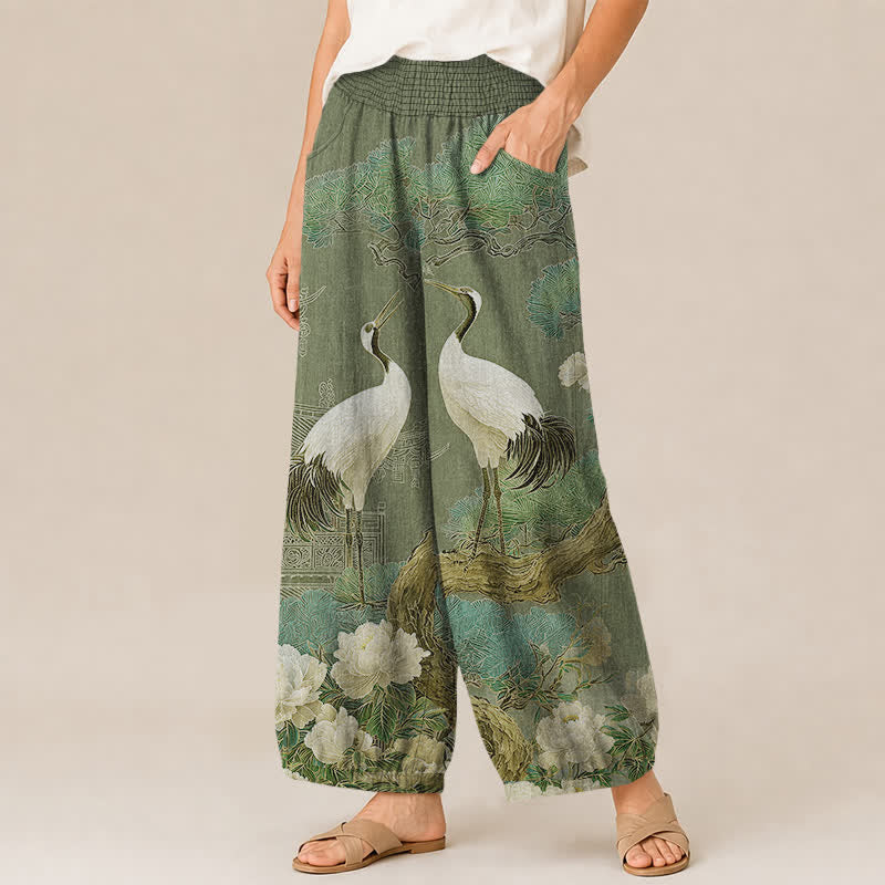 Buddha Stones Pantalones harem de algodón con estampado de grulla oriental y flores blancas, cintura elástica plisada y bolsillos para mujer. - image 11