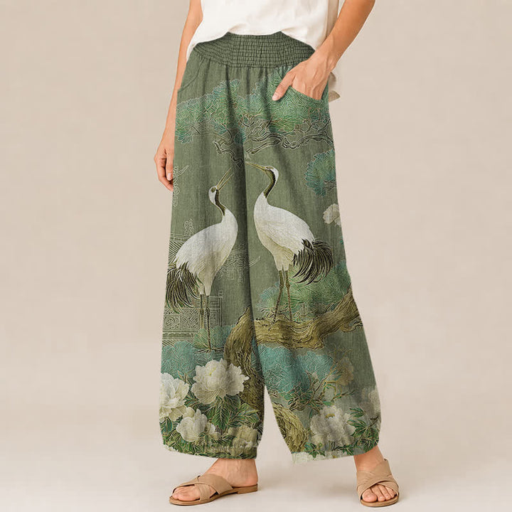 Buddha Stones Pantalones harem de algodón con estampado de grulla oriental y flores blancas, cintura elástica plisada y bolsillos para mujer. - image 11
