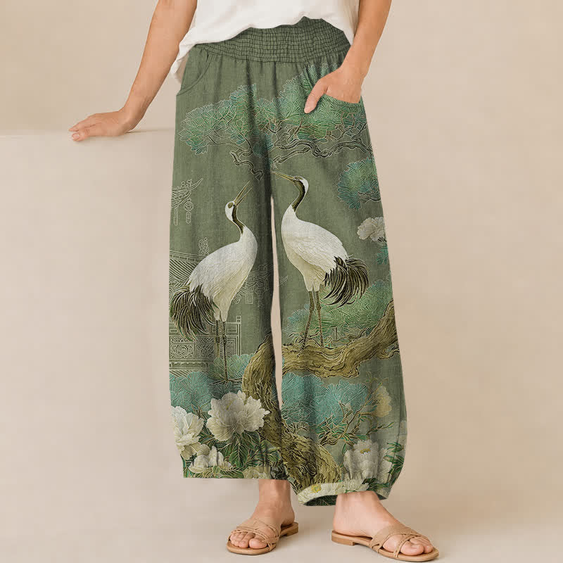 Buddha Stones Pantalones harem de algodón con estampado de grulla oriental y flores blancas, cintura elástica plisada y bolsillos para mujer. - Verde bosque - US16，UK/AU20，EU48 (3XL) - image 10