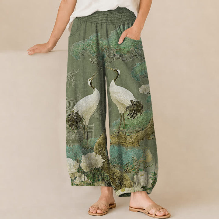 Buddha Stones Pantalones harem de algodón con estampado de grulla oriental y flores blancas, cintura elástica plisada y bolsillos para mujer. - Verde bosque - US16，UK/AU20，EU48 (3XL) - image 10