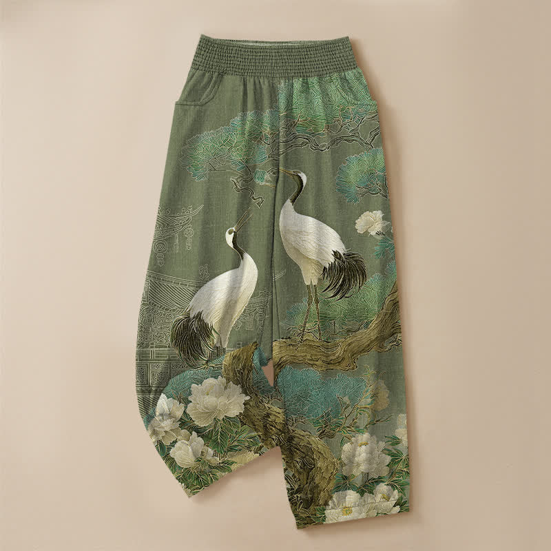 Buddha Stones Pantalones harem de algodón con estampado de grulla oriental y flores blancas, cintura elástica plisada y bolsillos para mujer. - image 13