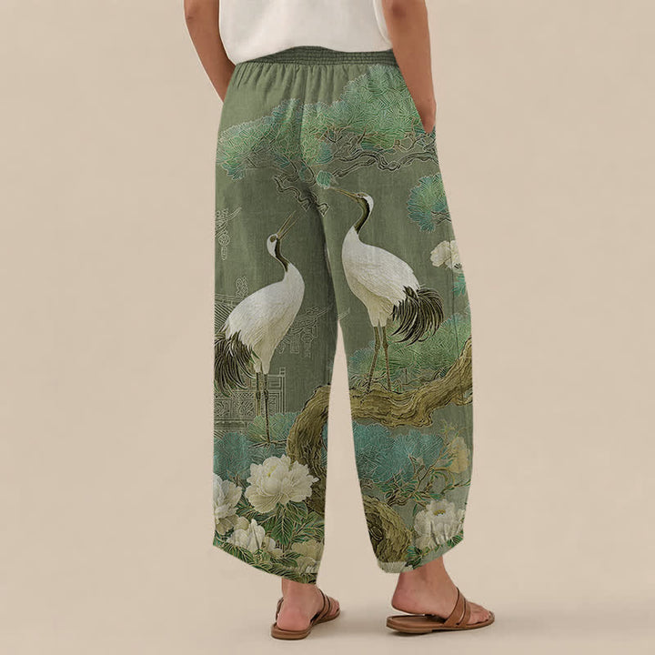 Buddha Stones Pantalones harem de algodón con estampado de grulla oriental y flores blancas, cintura elástica plisada y bolsillos para mujer. - image 12