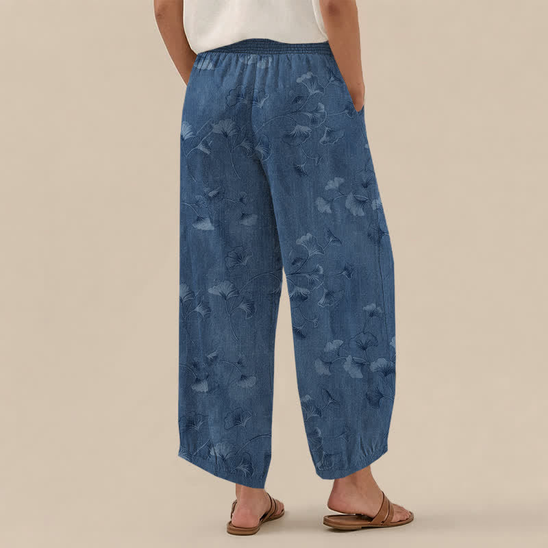 Buddha Stones Pantalones harem de algodón con estampado de hojas de ginkgo, cintura elástica plisada y bolsillos para mujer. - image 2