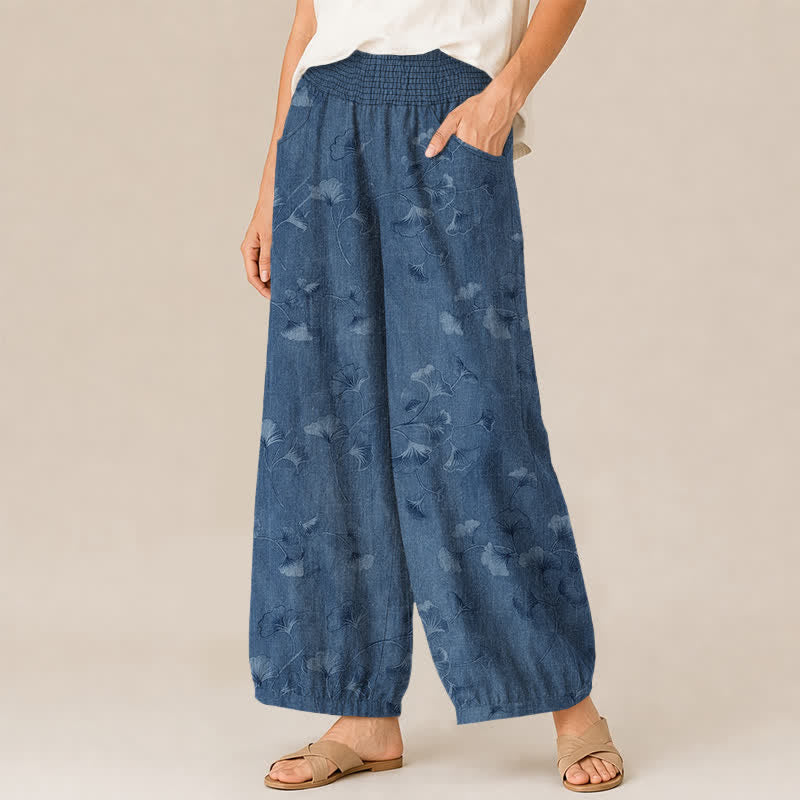 Buddha Stones Pantalones harem de algodón con estampado de hojas de ginkgo, cintura elástica plisada y bolsillos para mujer. - image 1