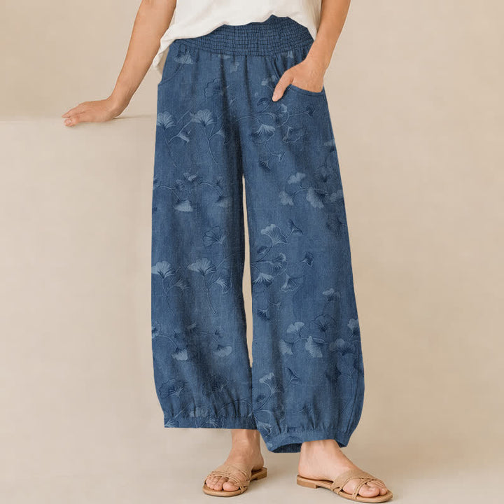 Buddha Stones Pantalones harem de algodón con estampado de hojas de ginkgo, cintura elástica plisada y bolsillos para mujer. - Azul acero - US16，UK/AU20，EU48 (3XL) - image 0