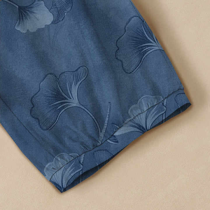 Buddha Stones Pantalones harem de algodón con estampado de hojas de ginkgo, cintura elástica plisada y bolsillos para mujer. - image 5