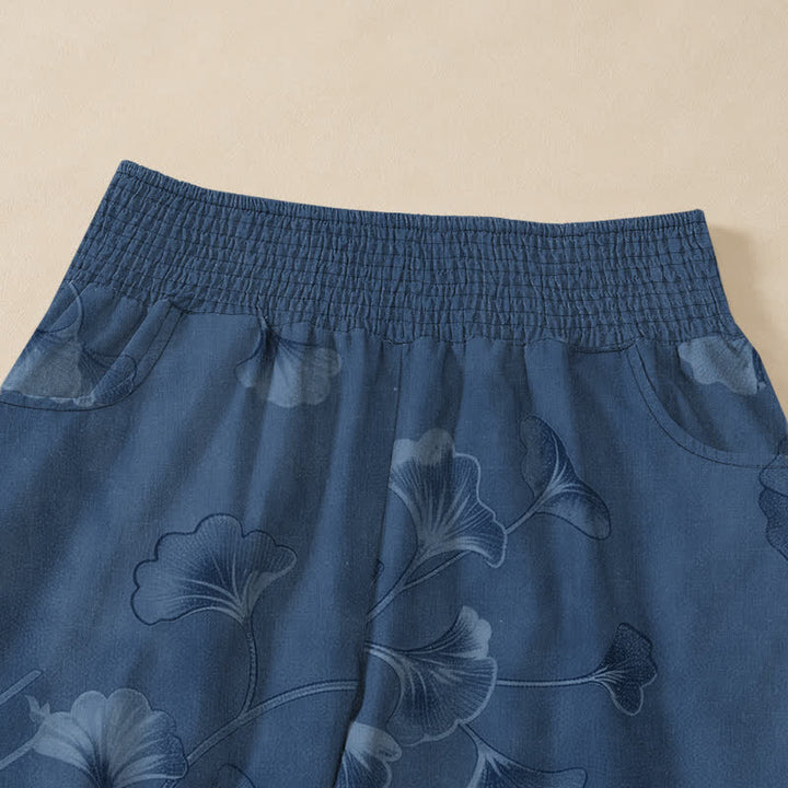 Buddha Stones Pantalones harem de algodón con estampado de hojas de ginkgo, cintura elástica plisada y bolsillos para mujer. - image 4
