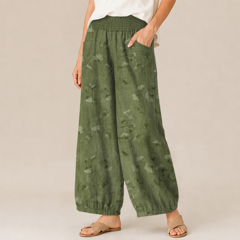 Buddha Stones Pantalones harem de algodón con estampado de hojas de ginkgo, cintura elástica plisada y bolsillos para mujer. - image 7