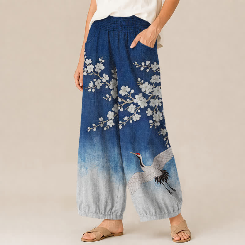 Buddha Stones Pantalones harem de algodón con estampado de grulla oriental y flor de ciruelo, cintura elástica plisada y bolsillos para mujer. - image 1
