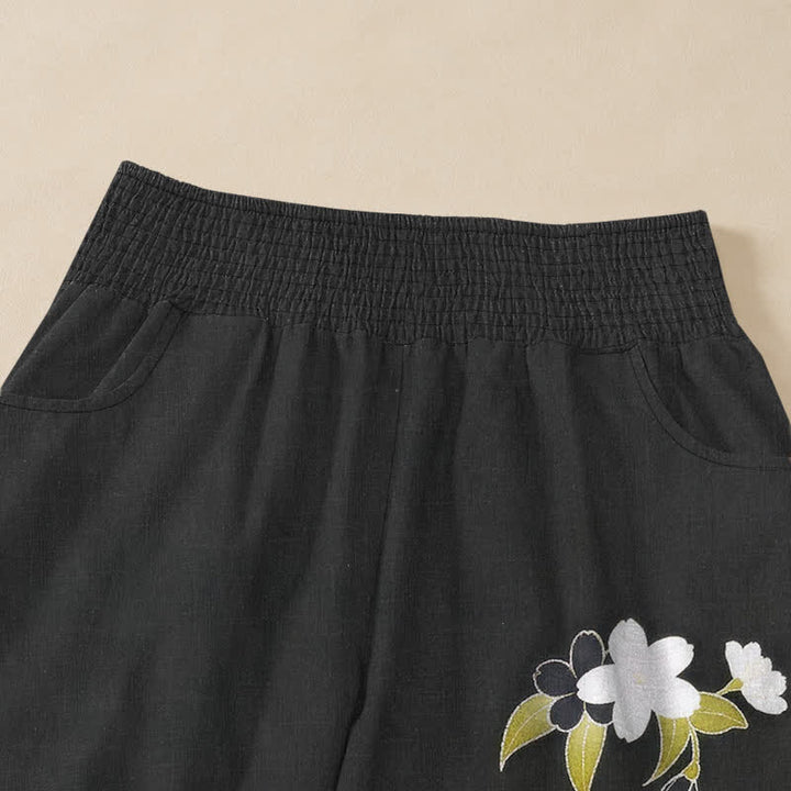 Buddha Stones Pantalones harem de algodón con estampado floral oriental de peonías, cintura elástica plisada y bolsillos para mujer. - image 4