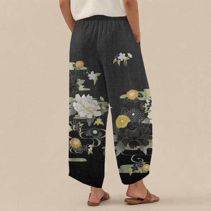 Buddha Stones Pantalones harem de algodón con estampado floral oriental de peonías, cintura elástica plisada y bolsillos para mujer. - image 2