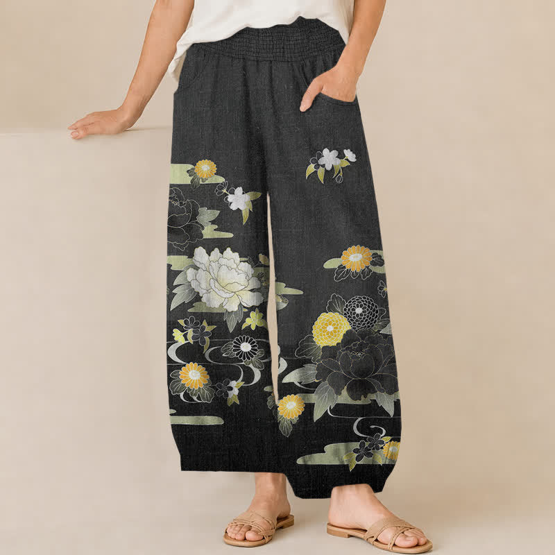 Buddha Stones Pantalones harem de algodón con estampado floral oriental de peonías, cintura elástica plisada y bolsillos para mujer. - Negro - US16，UK/AU20，EU48 (3XL) - image 0