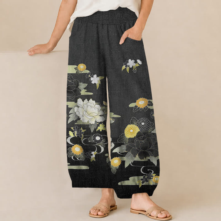 Buddha Stones Pantalones harem de algodón con estampado floral oriental de peonías, cintura elástica plisada y bolsillos para mujer. - Negro - US16，UK/AU20，EU48 (3XL) - image 0