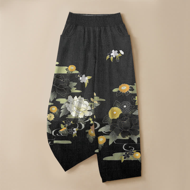 Buddha Stones Pantalones harem de algodón con estampado floral oriental de peonías, cintura elástica plisada y bolsillos para mujer. - image 3