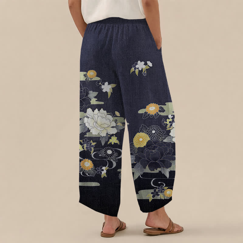 Buddha Stones Pantalones harem de algodón con estampado floral oriental de peonías, cintura elástica plisada y bolsillos para mujer. - image 8