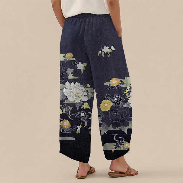 Buddha Stones Pantalones harem de algodón con estampado floral oriental de peonías, cintura elástica plisada y bolsillos para mujer. - image 8