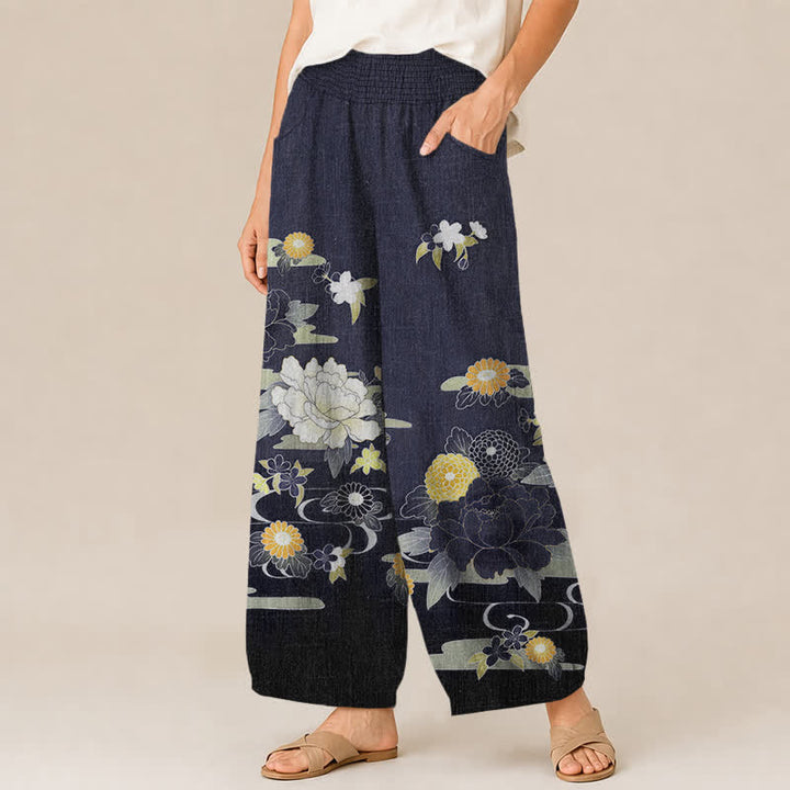 Buddha Stones Pantalones harem de algodón con estampado floral oriental de peonías, cintura elástica plisada y bolsillos para mujer. - image 7