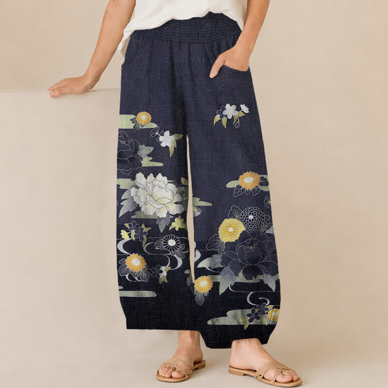 Buddha Stones Pantalones harem de algodón con estampado floral oriental de peonías, cintura elástica plisada y bolsillos para mujer. - Marina de guerra - US16，UK/AU20，EU48 (3XL) - image 6