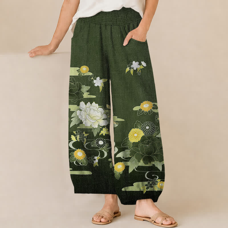 Buddha Stones Pantalones harem de algodón con estampado floral oriental de peonías, cintura elástica plisada y bolsillos para mujer. - Verde bosque - US16，UK/AU20，EU48 (3XL) - image 10