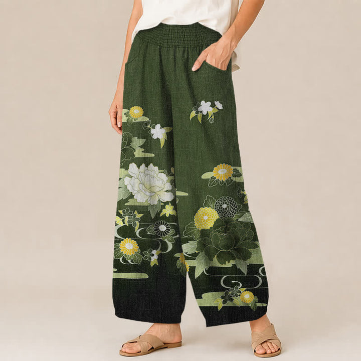 Buddha Stones Pantalones harem de algodón con estampado floral oriental de peonías, cintura elástica plisada y bolsillos para mujer. - image 11