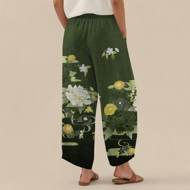 Buddha Stones Pantalones harem de algodón con estampado floral oriental de peonías, cintura elástica plisada y bolsillos para mujer. - image 12