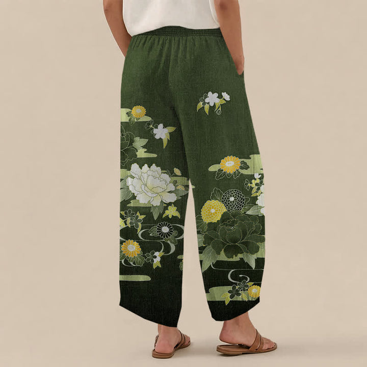 Buddha Stones Pantalones harem de algodón con estampado floral oriental de peonías, cintura elástica plisada y bolsillos para mujer. - image 12