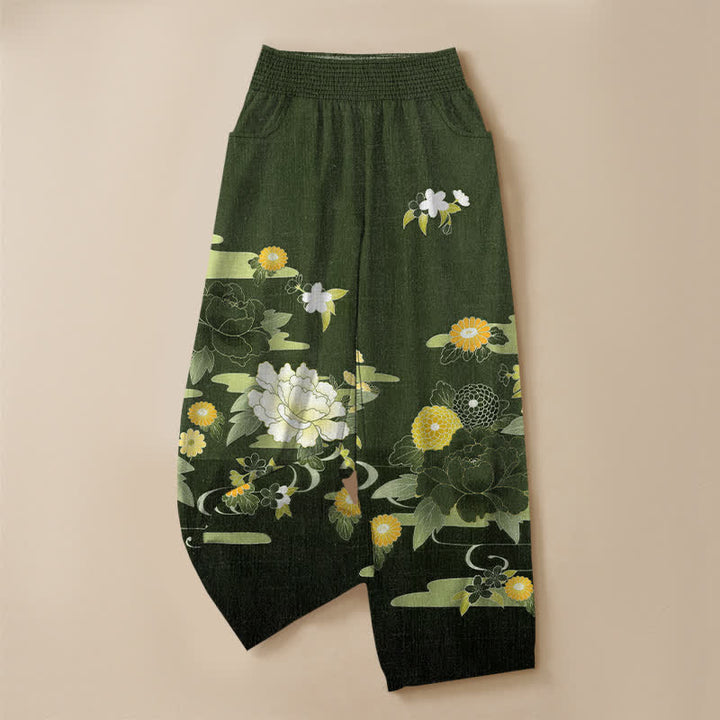 Buddha Stones Pantalones harem de algodón con estampado floral oriental de peonías, cintura elástica plisada y bolsillos para mujer. - image 13