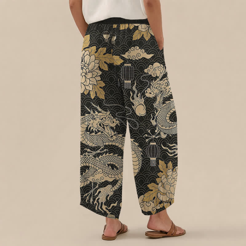 Buddha Stones Pantalones harem de algodón con estampado de dragón oriental, nube de loto y cintura elástica plisada para mujer, con bolsillos. - image 2