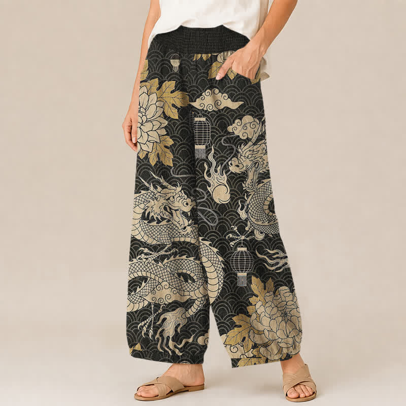 Buddha Stones Pantalones harem de algodón con estampado de dragón oriental, nube de loto y cintura elástica plisada para mujer, con bolsillos. - image 1