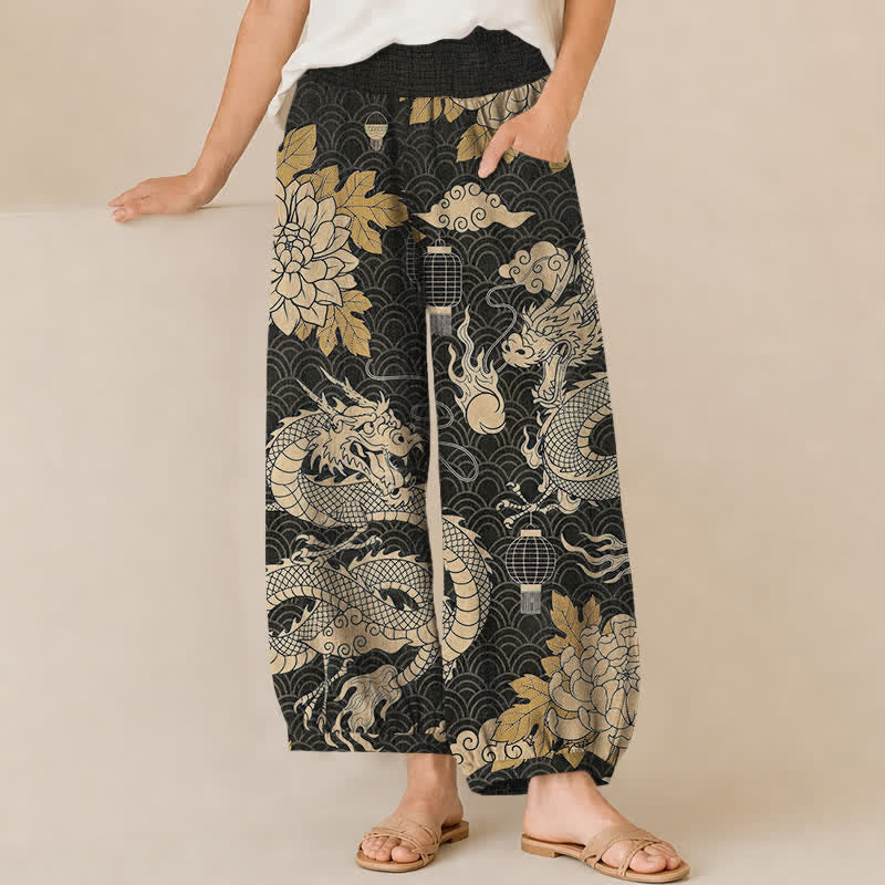 Buddha Stones Pantalones harem de algodón con estampado de dragón oriental, nube de loto y cintura elástica plisada para mujer, con bolsillos. - Negro - US16，UK/AU20，EU48 (3XL) - image 0